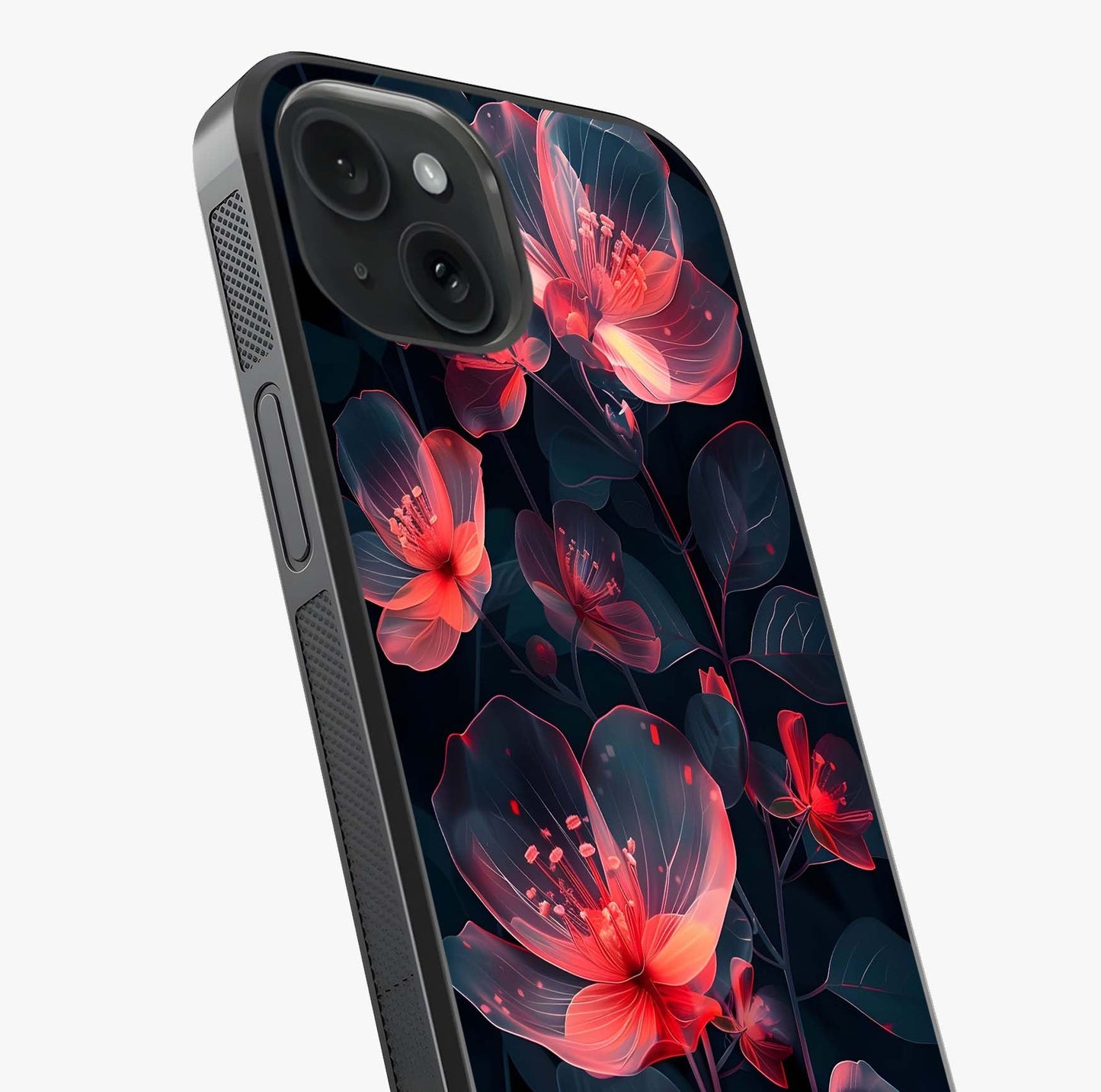Dark Shade Of Flower Glass Case captured at a warm angle highlighting gloss, texture and premium glass finish.