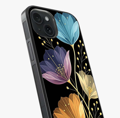 Delicate Multicolor Flowers Glass Case captured at a warm angle highlighting gloss, texture and premium glass finish.