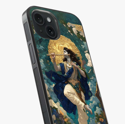 Divine Krishna Art Glass Case captured at a warm angle highlighting gloss, texture and premium glass finish.