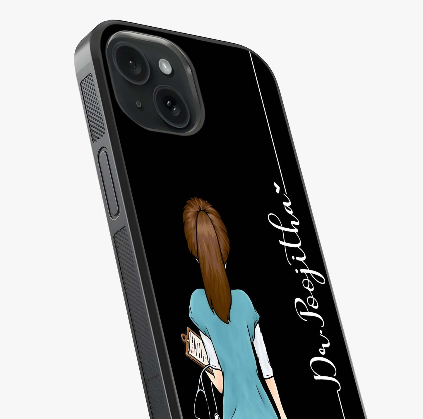 Doctor Pattern Custom Name Glass Case captured at a warm angle highlighting gloss, texture and premium glass finish.