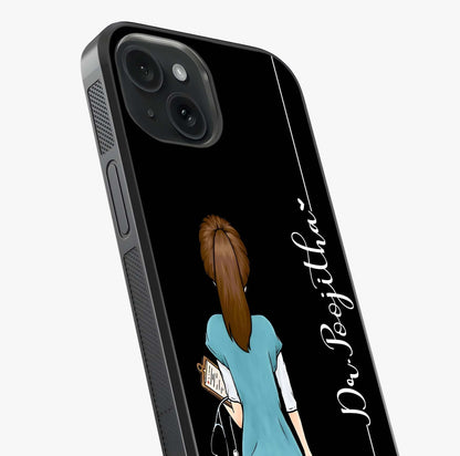 Doctor Pattern Custom Name Glass Case captured at a warm angle highlighting gloss, texture and premium glass finish.