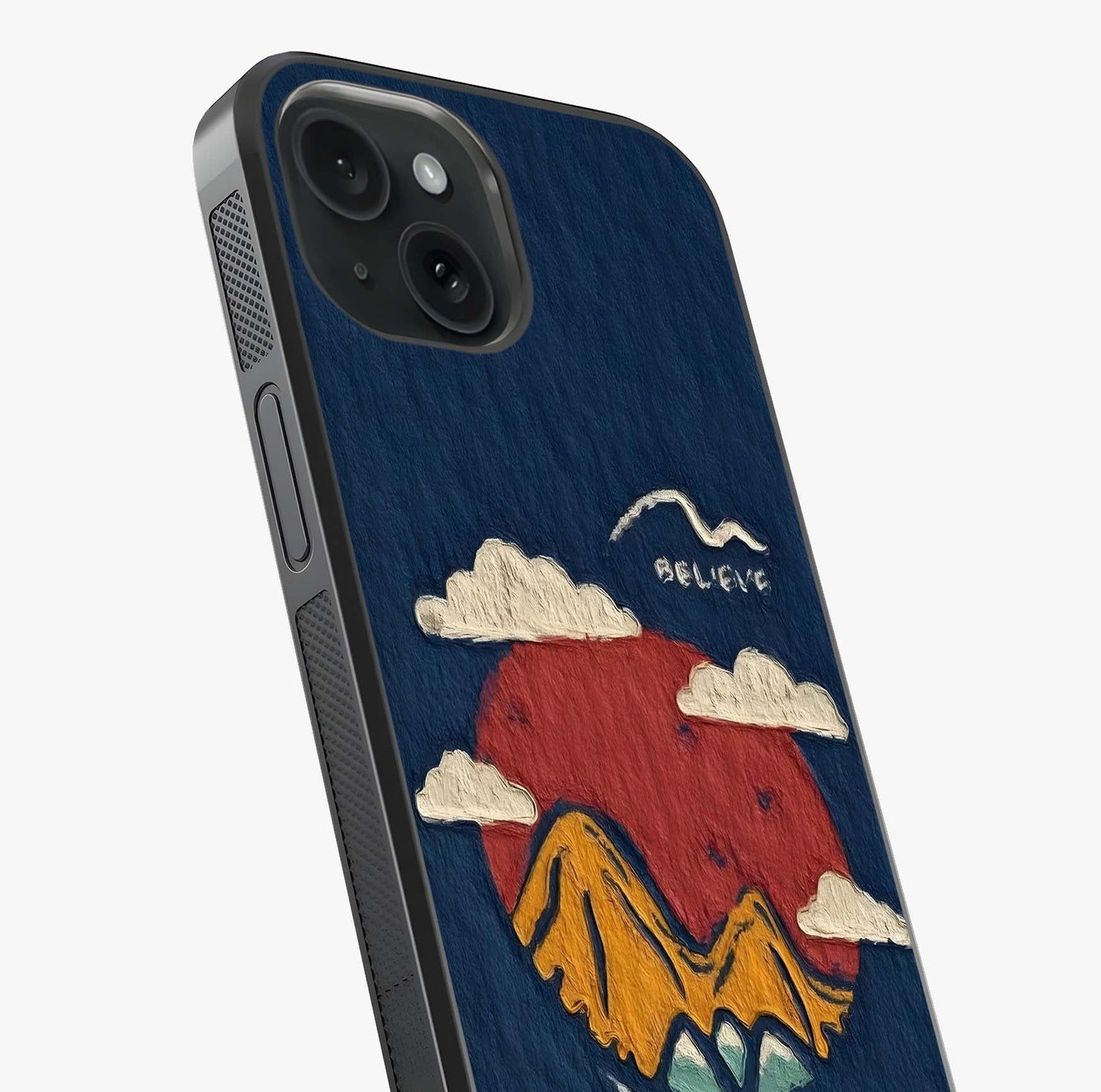 Dream Beyond Mountains Glass Case captured at a warm angle highlighting gloss, texture and premium glass finish.