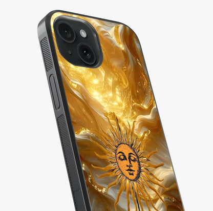 Eternal Golden Glow Glass Case captured at a warm angle highlighting gloss, texture and premium glass finish.