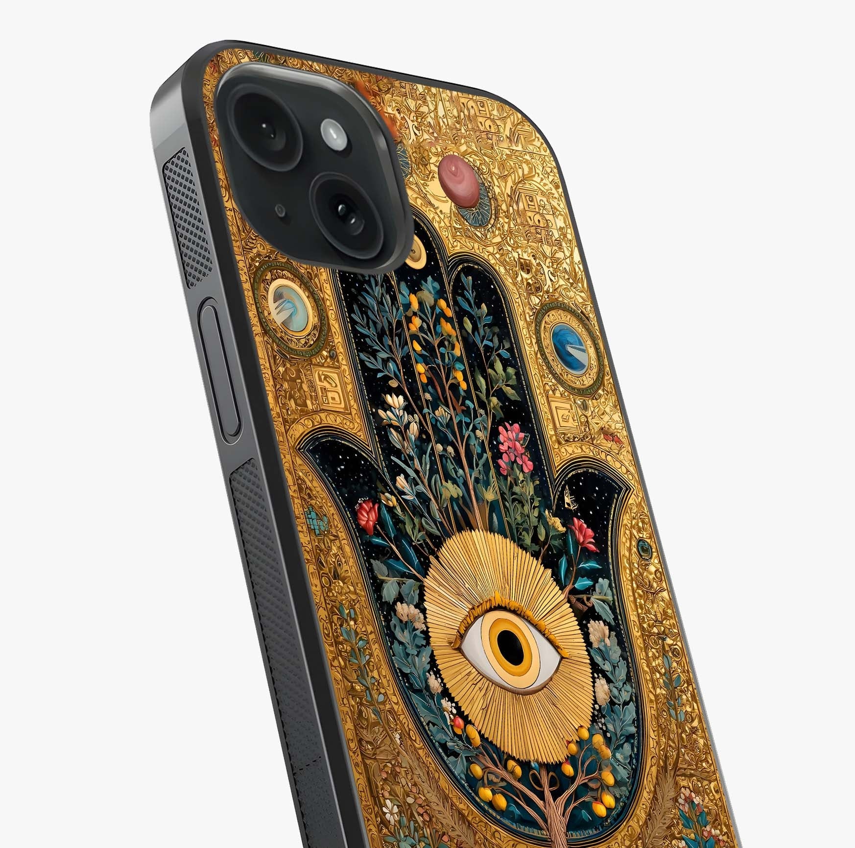 Ethereal Evil Eye Glass Case captured at a warm angle highlighting gloss, texture and premium glass finish.