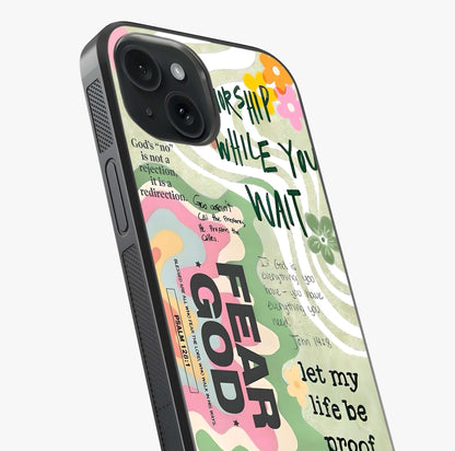 Faith Over Fear Glass Case captured at a warm angle highlighting gloss, texture and premium glass finish.