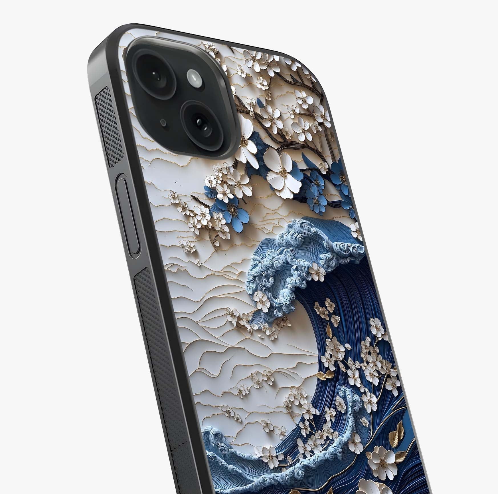 Floral Wave Origami Glass Case captured at a warm angle highlighting gloss, texture and premium glass finish.