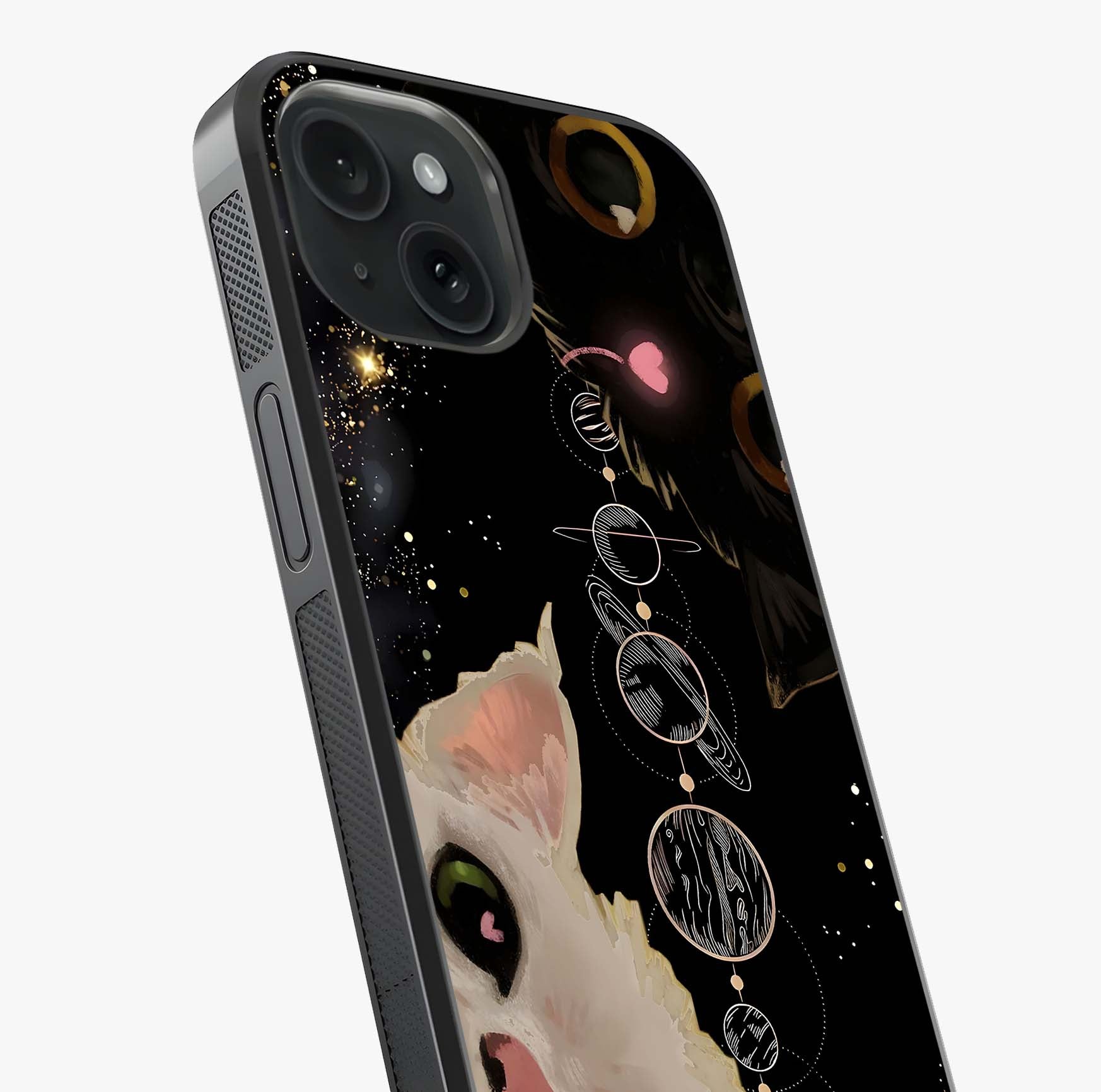 Galactic Cat Glass Case captured at a warm angle highlighting gloss, texture and premium glass finish.