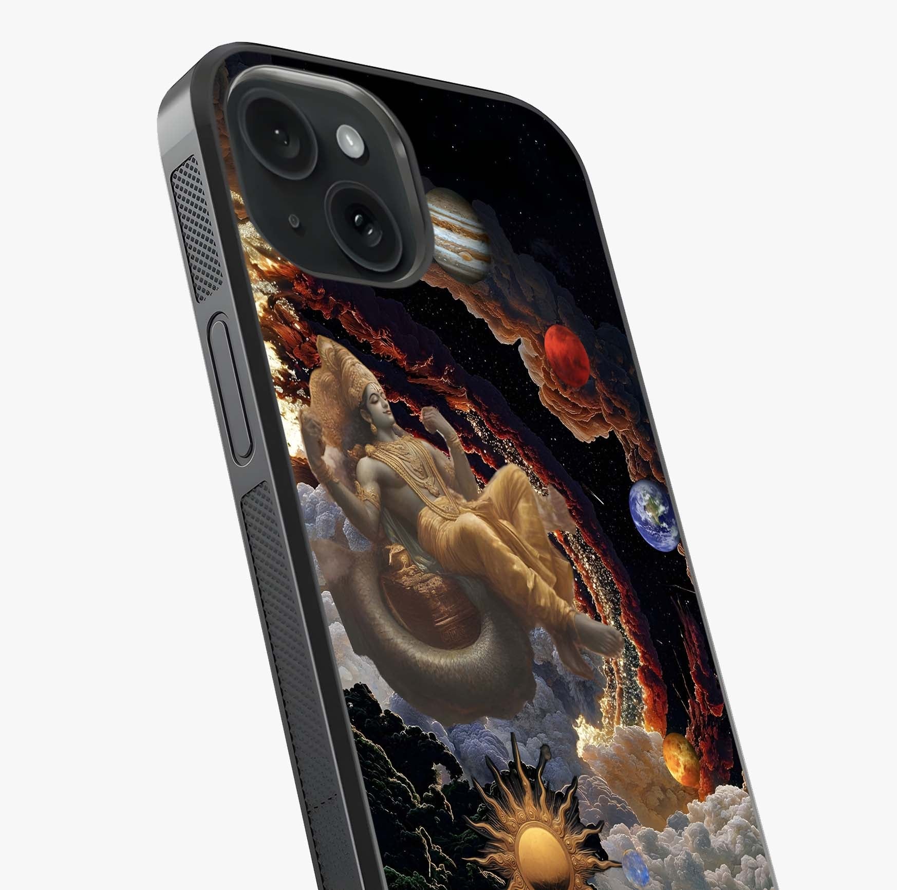 Galactic Divine God Glass Case captured at a warm angle highlighting gloss, texture and premium glass finish.