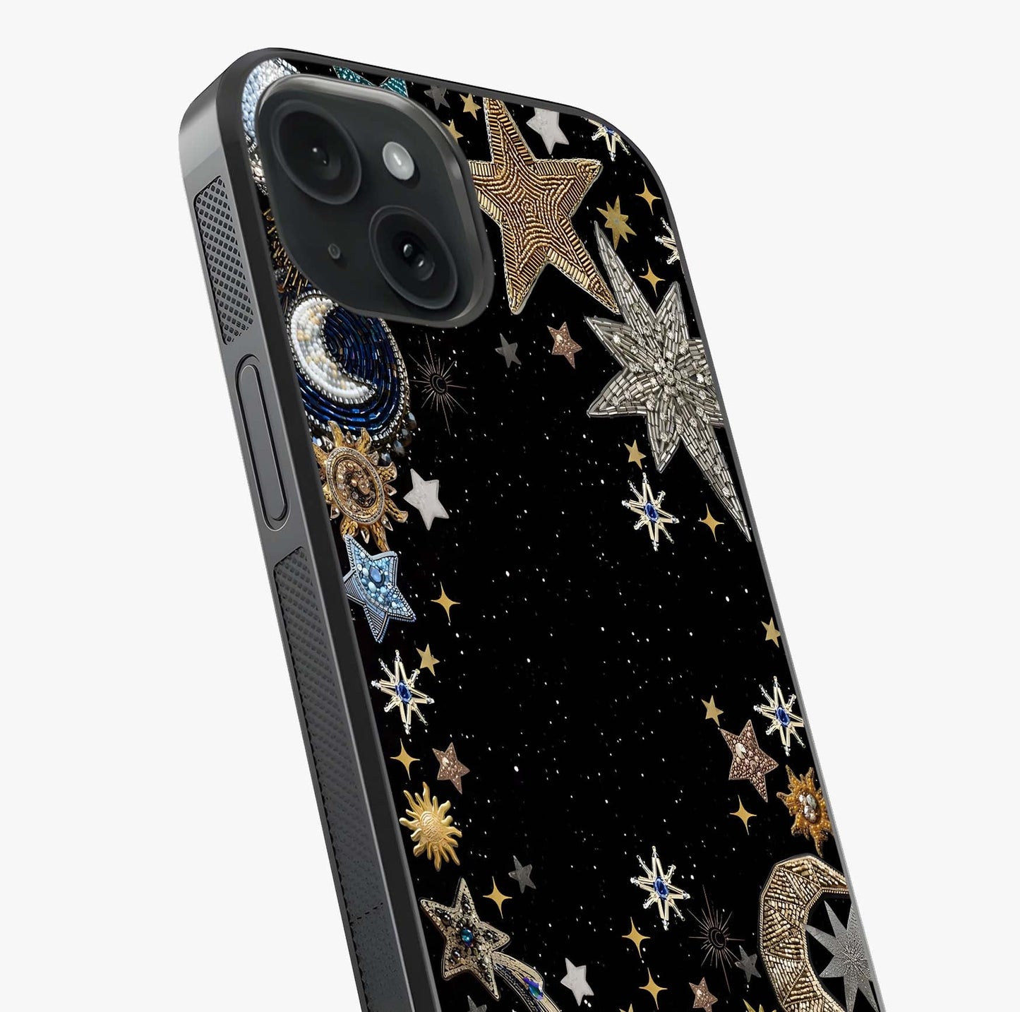 Galactic Jewel Stars Glass Case captured at a warm angle highlighting gloss, texture and premium glass finish.