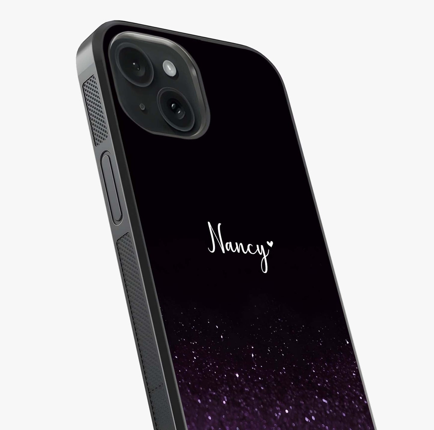 Glittery Purple Bokeh Custom Name Glass Case captured at a warm angle highlighting gloss, texture and premium glass finish.