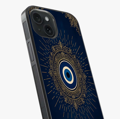 Golden Evil Eye Mandala Glass Case captured at a warm angle highlighting gloss, texture and premium glass finish.