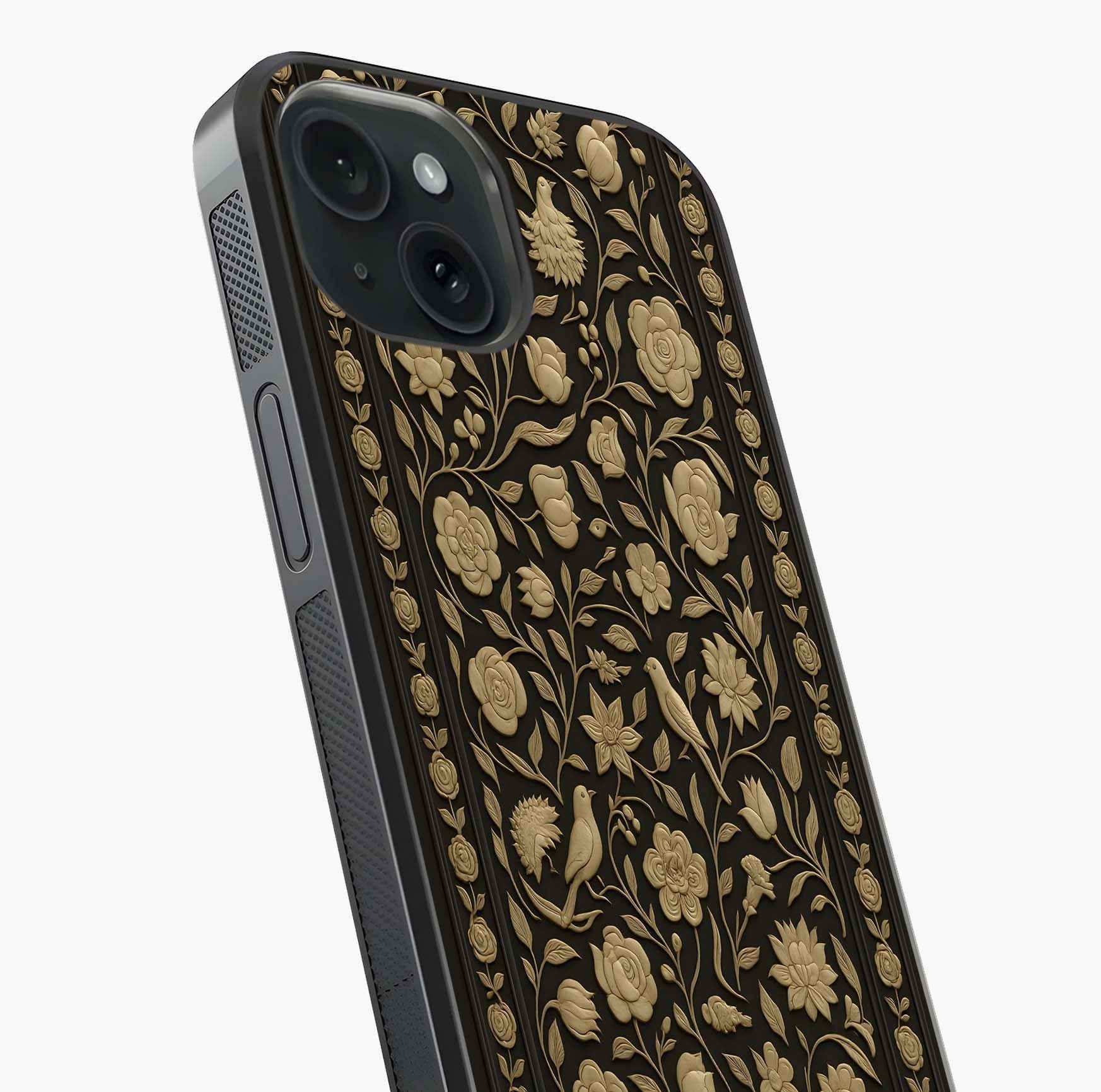 Golden Floral Majesty Glass Case captured at a warm angle highlighting gloss, texture and premium glass finish.