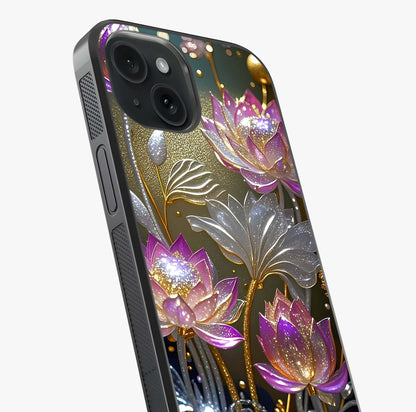 Golden Lotus Glow Glass Case captured at a warm angle highlighting gloss, texture and premium glass finish.