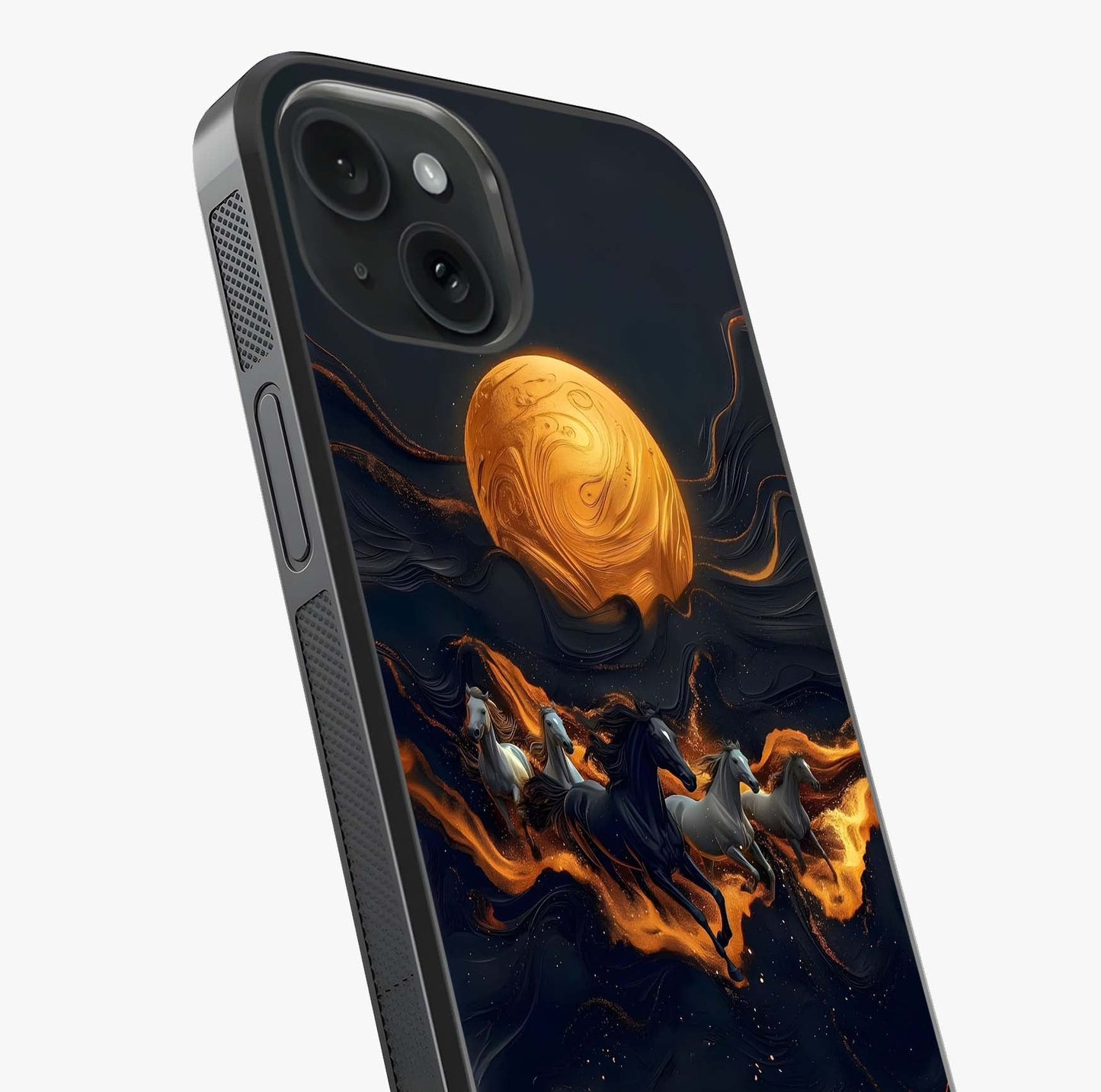 Golden Stallion Moonride Glass Case captured at a warm angle highlighting gloss, texture and premium glass finish.