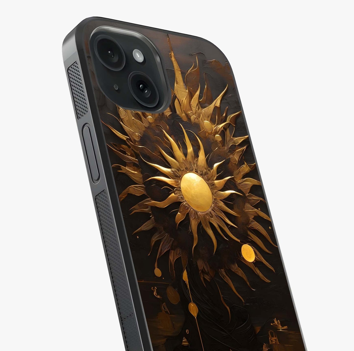 Golden Sun Majesty Glass Case captured at a warm angle highlighting gloss, texture and premium glass finish.