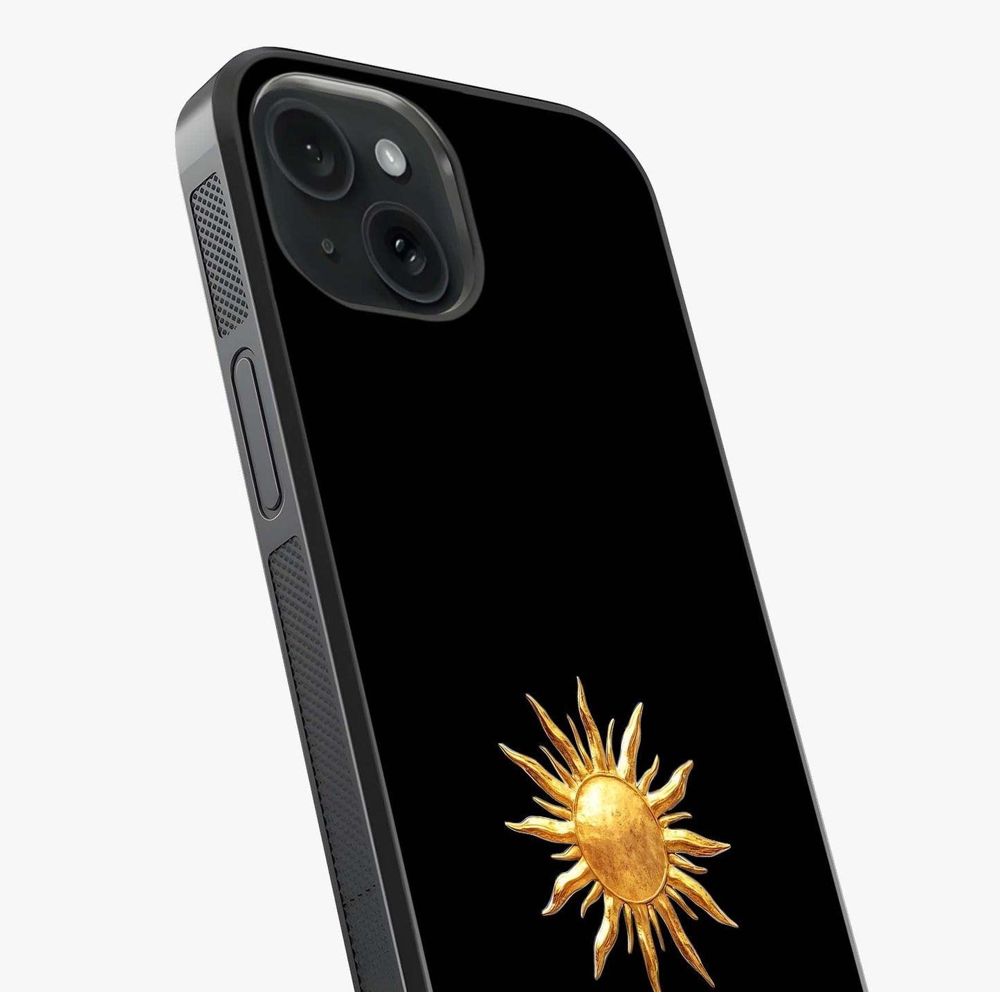 Golden Sun Minimalism Glass Case captured at a warm angle highlighting gloss, texture and premium glass finish.