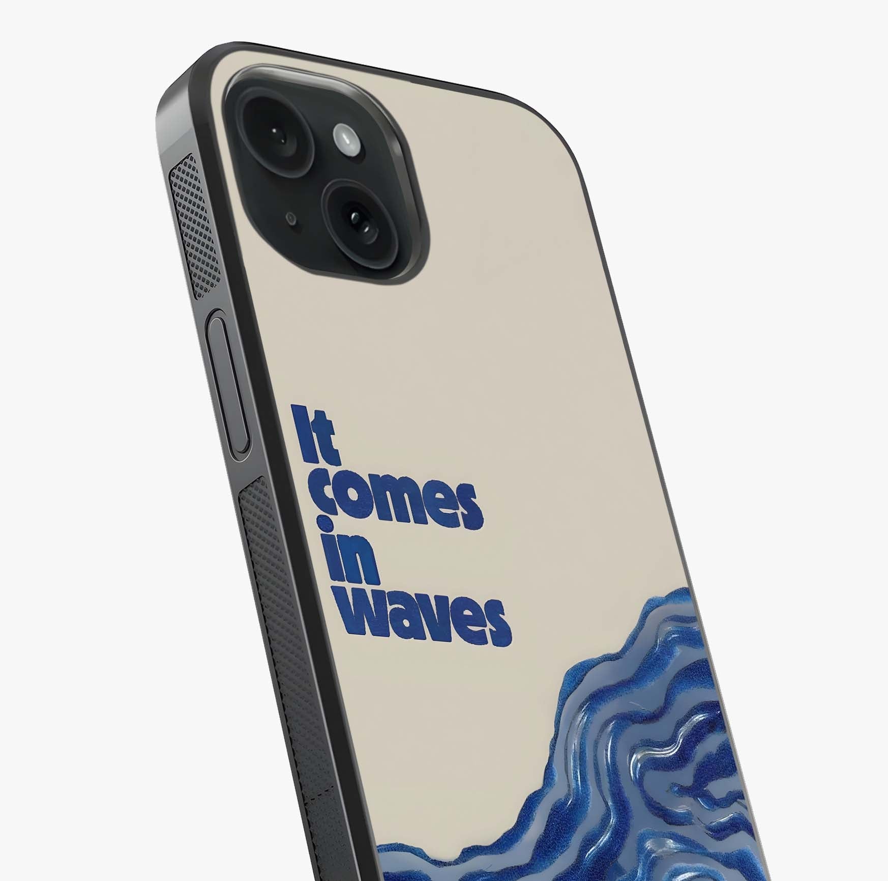 It Comes In Waves Quote Glass Case captured at a warm angle highlighting gloss, texture and premium glass finish.
