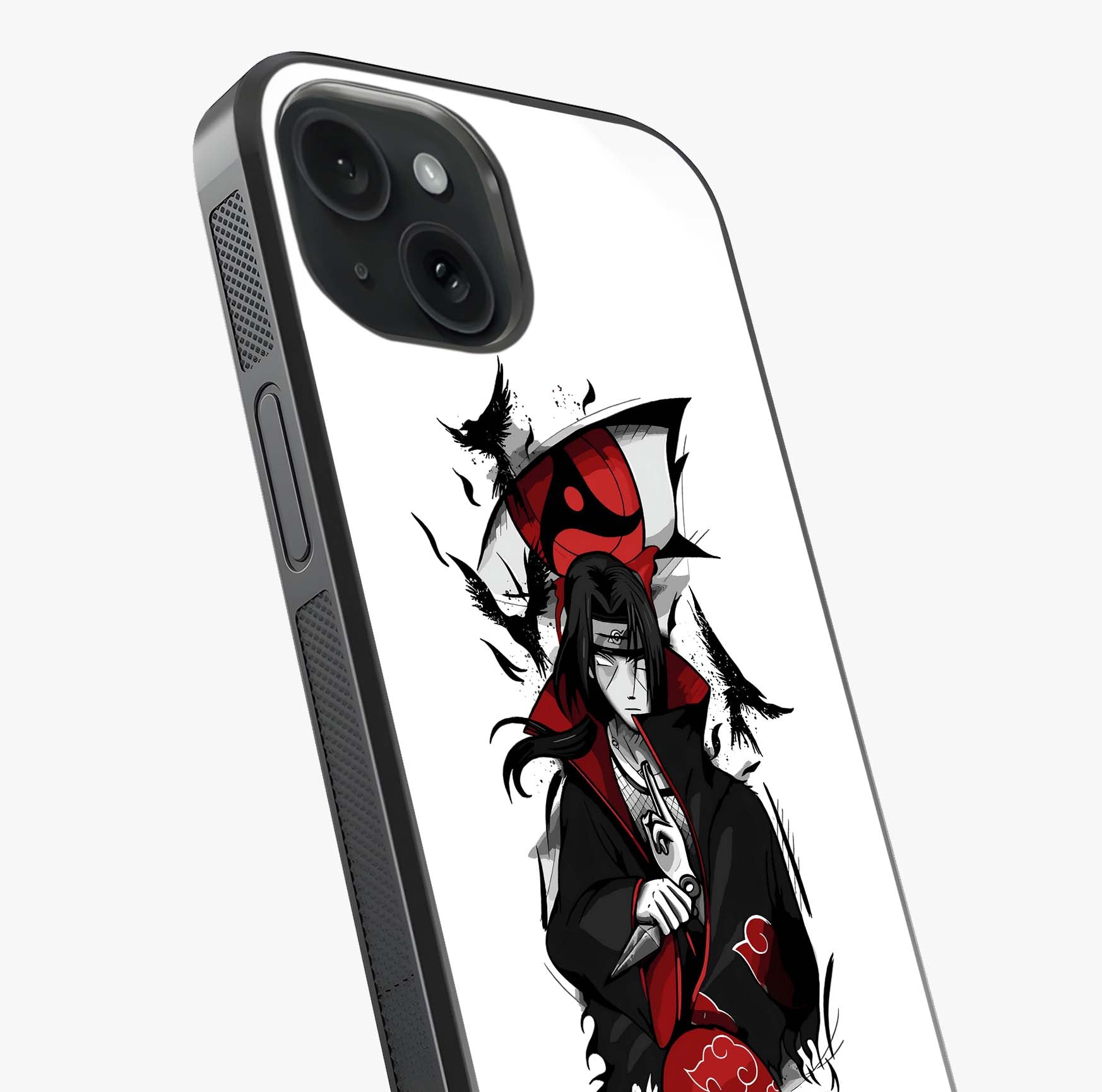 Itachi Sharingan Glass Case captured at a warm angle highlighting gloss, texture and premium glass finish.