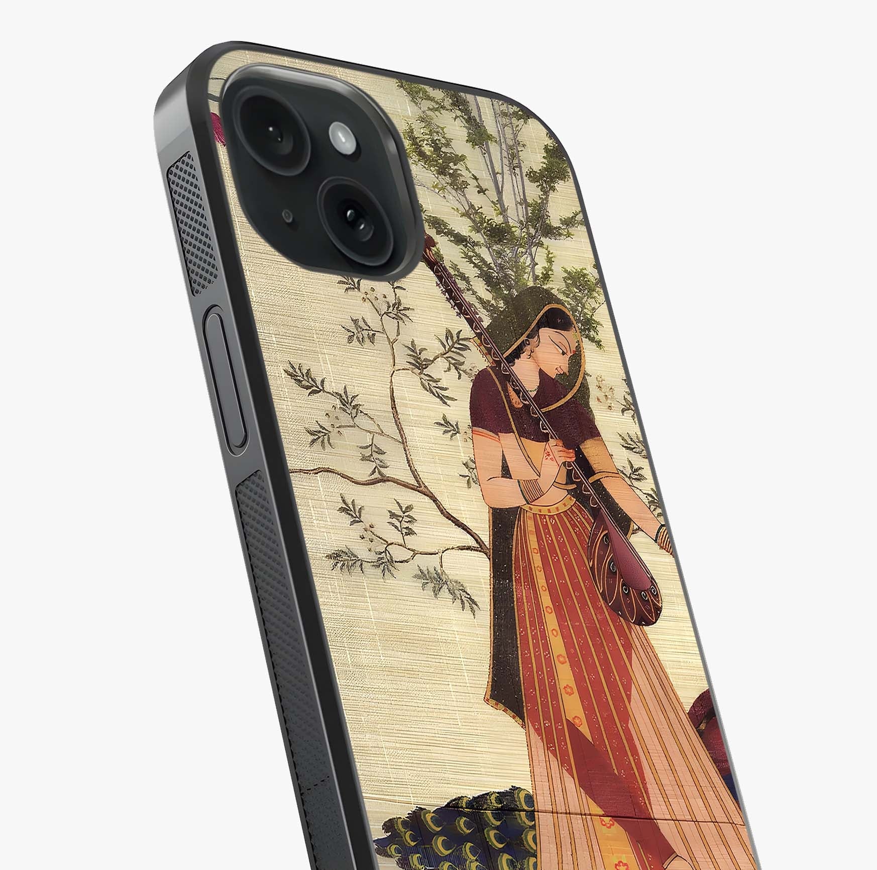 Lady With Veena Art Glass Case captured at a warm angle highlighting gloss, texture and premium glass finish.