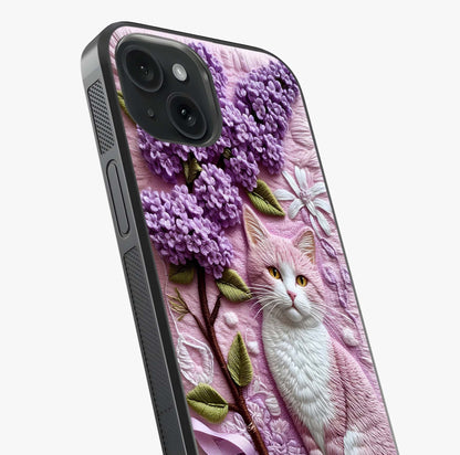 Lavender Cat Whimsy Glass Case captured at a warm angle highlighting gloss, texture and premium glass finish.