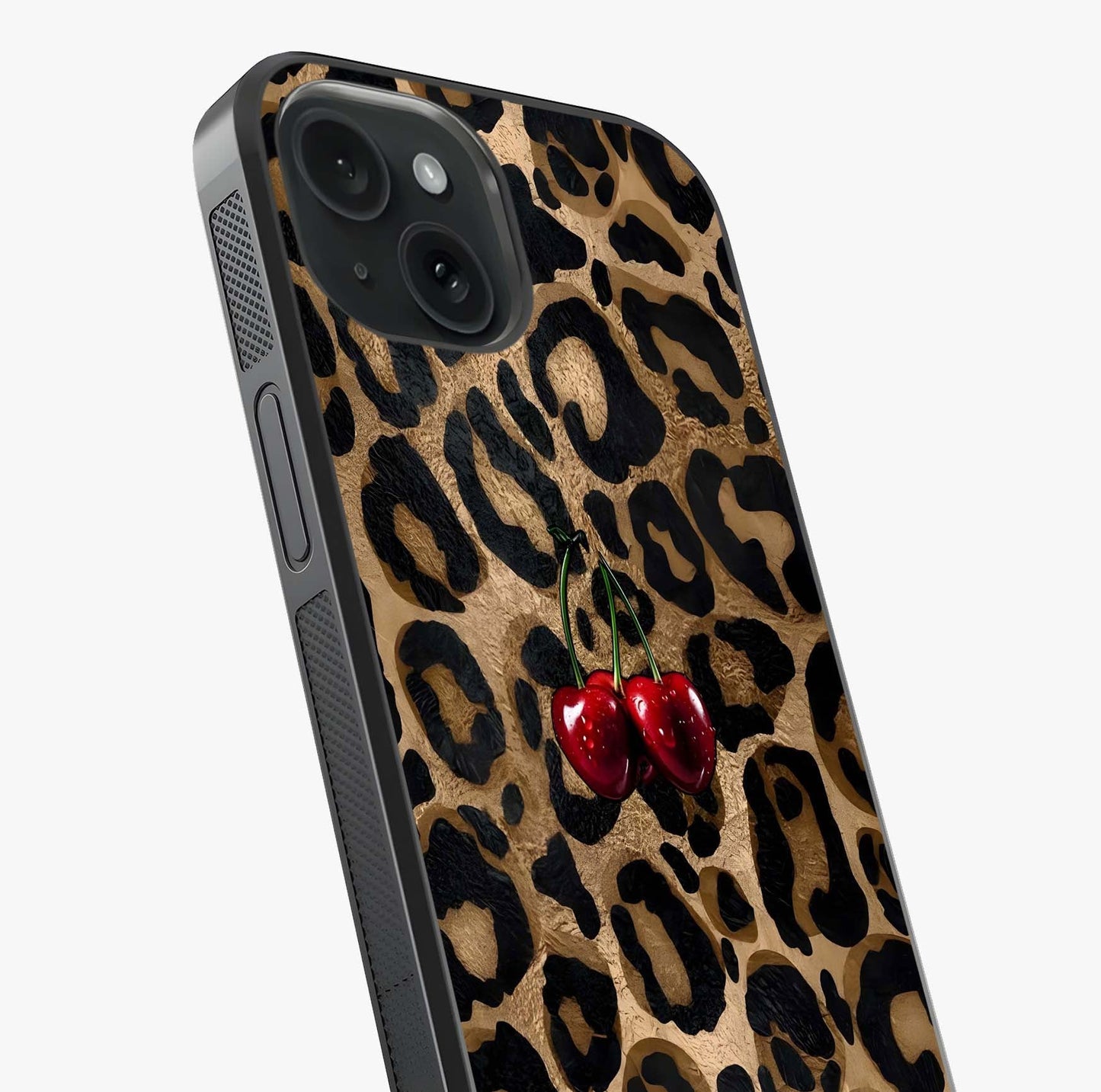 Leopard Wild Cherry Glass Case captured at a warm angle highlighting gloss, texture and premium glass finish.