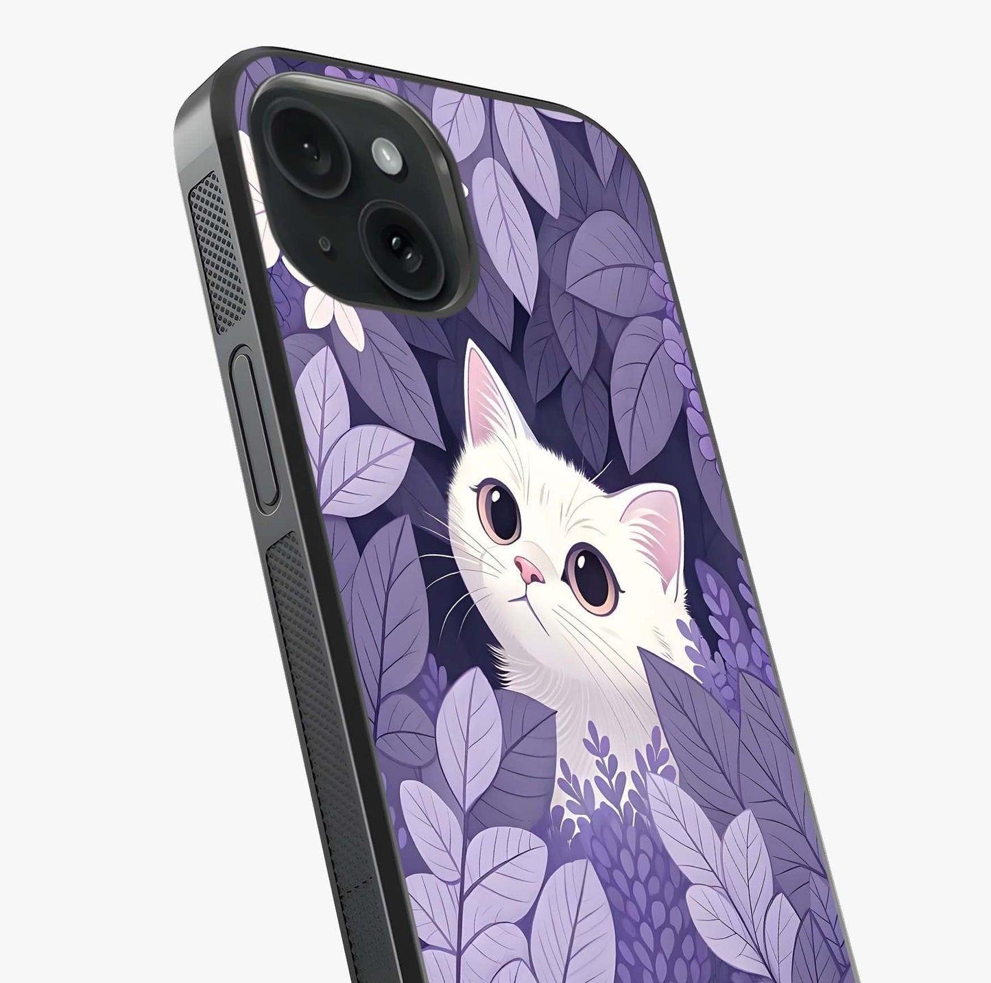 Lilac Hide Peek Cat Glass Case captured at a warm angle highlighting gloss, texture and premium glass finish.
