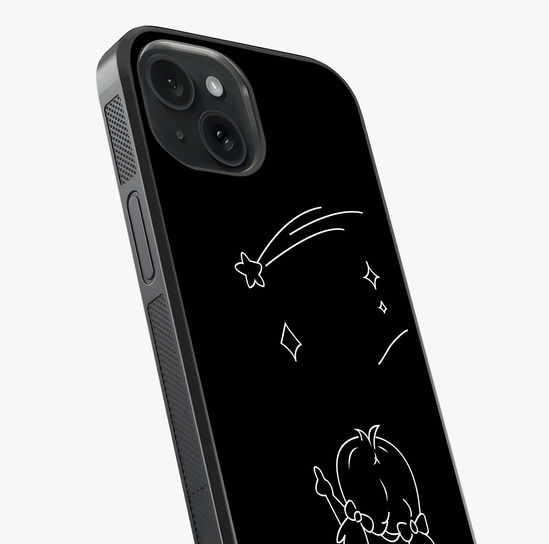 Line Art Girl With Shooting Stars Glass Case captured at a warm angle highlighting gloss, texture and premium glass finish.