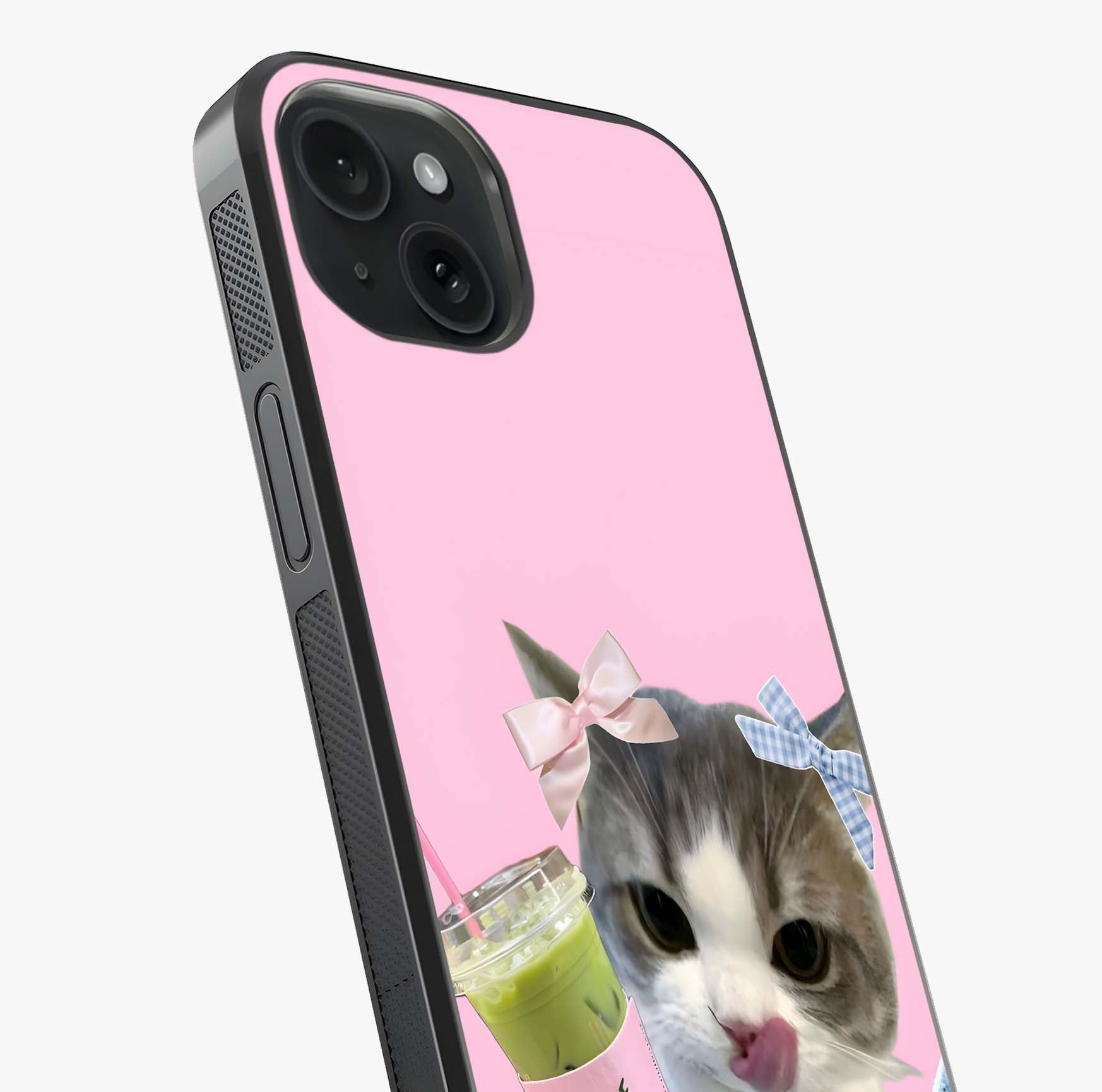 Love Matcha Cat Glass Case captured at a warm angle highlighting gloss, texture and premium glass finish.