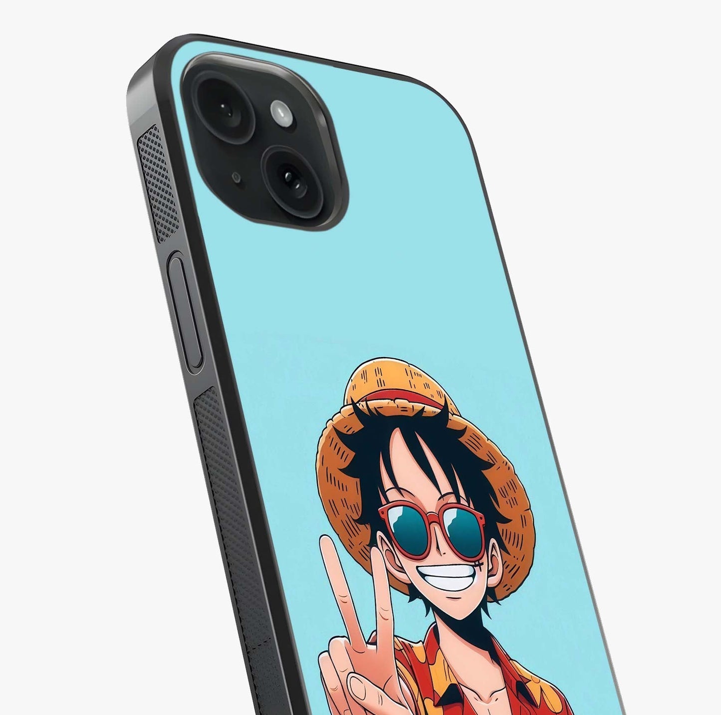 Luffy Summer Anime Vibe Glass Case captured at a warm angle highlighting gloss, texture and premium glass finish.