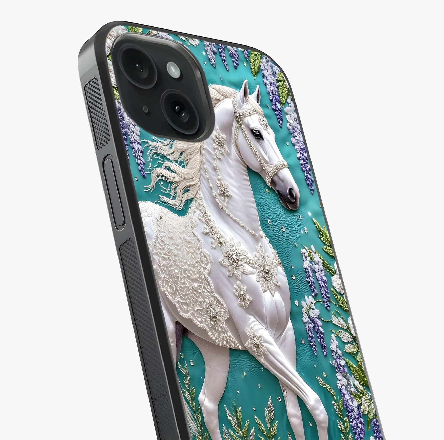 Majestic Floral Stallion Glass Case captured at a warm angle highlighting gloss, texture and premium glass finish.