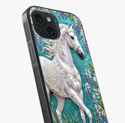 Majestic Floral Stallion Glass Case captured at a warm angle highlighting gloss, texture and premium glass finish.