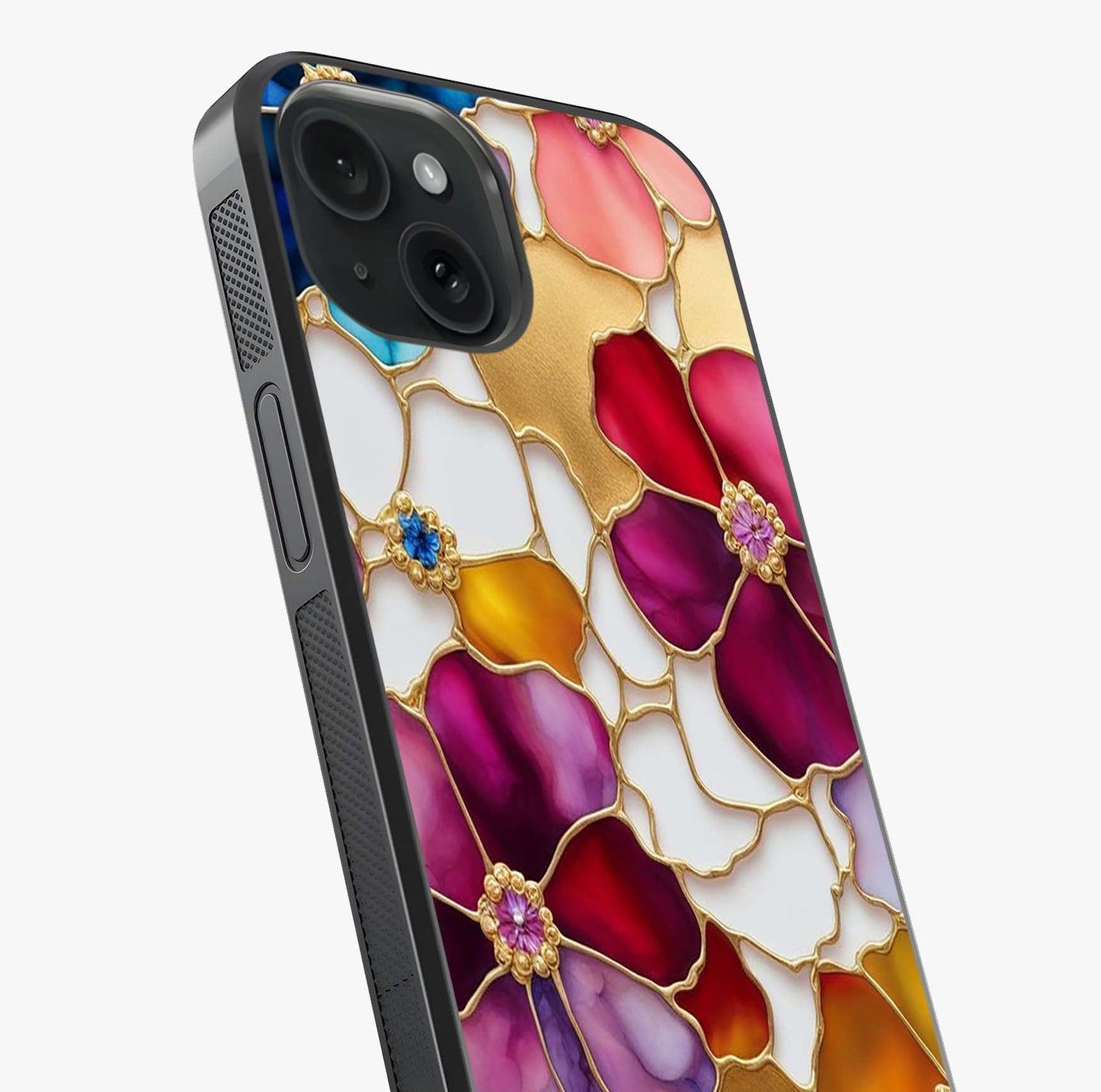 Marble Flower Pattern Glass Case captured at a warm angle highlighting gloss, texture and premium glass finish.