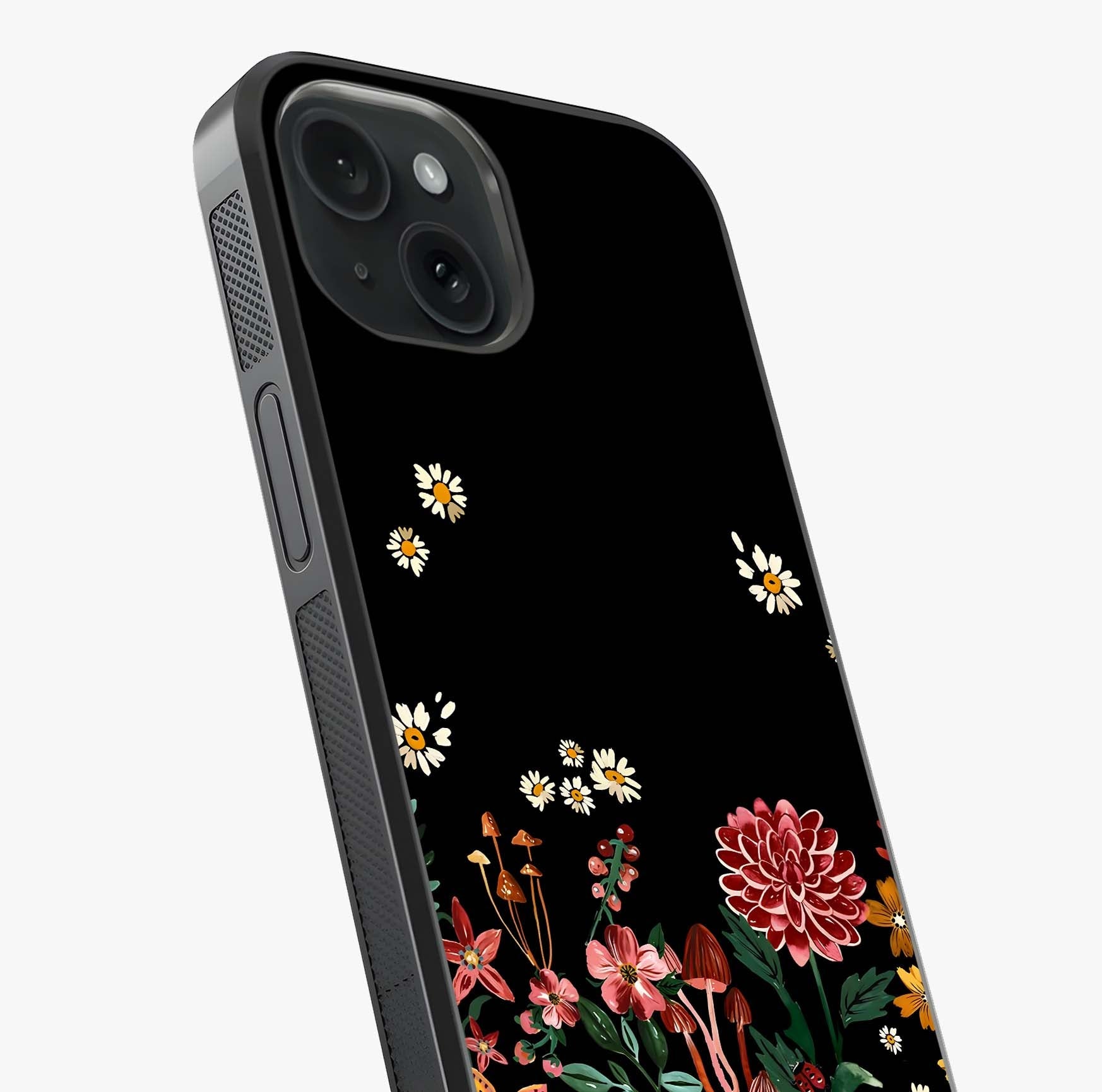 Midnight Bloom Pattern Glass Case captured at a warm angle highlighting gloss, texture and premium glass finish.