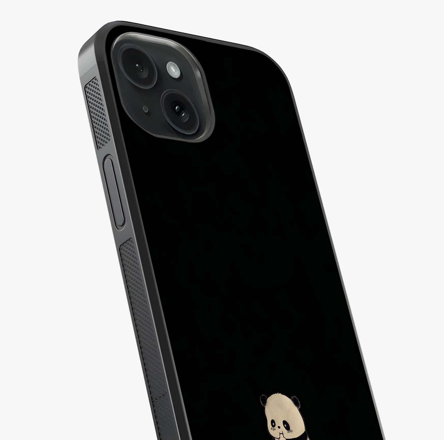 Midnight Panda Love Glass Case captured at a warm angle highlighting gloss, texture and premium glass finish.