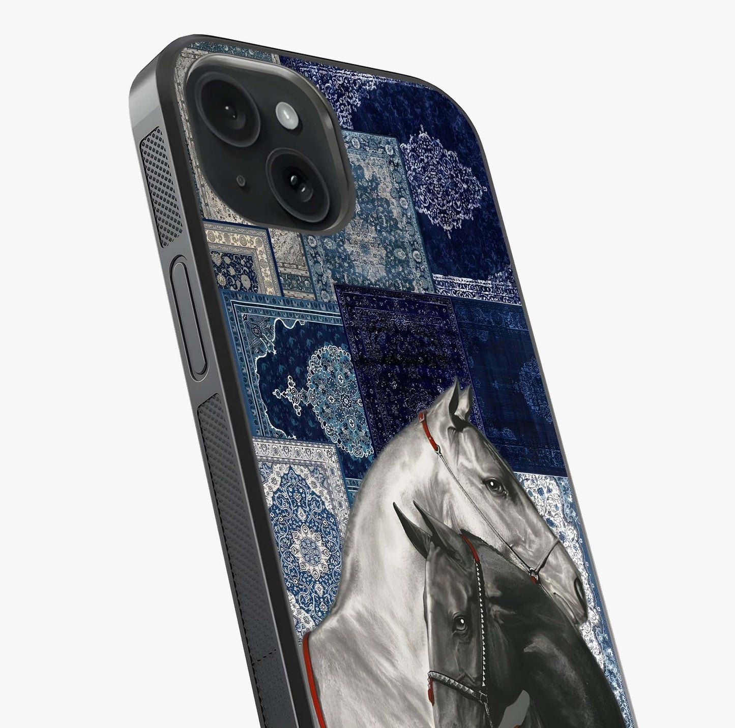 Midnight Stallion Blues Glass Case captured at a warm angle highlighting gloss, texture and premium glass finish.