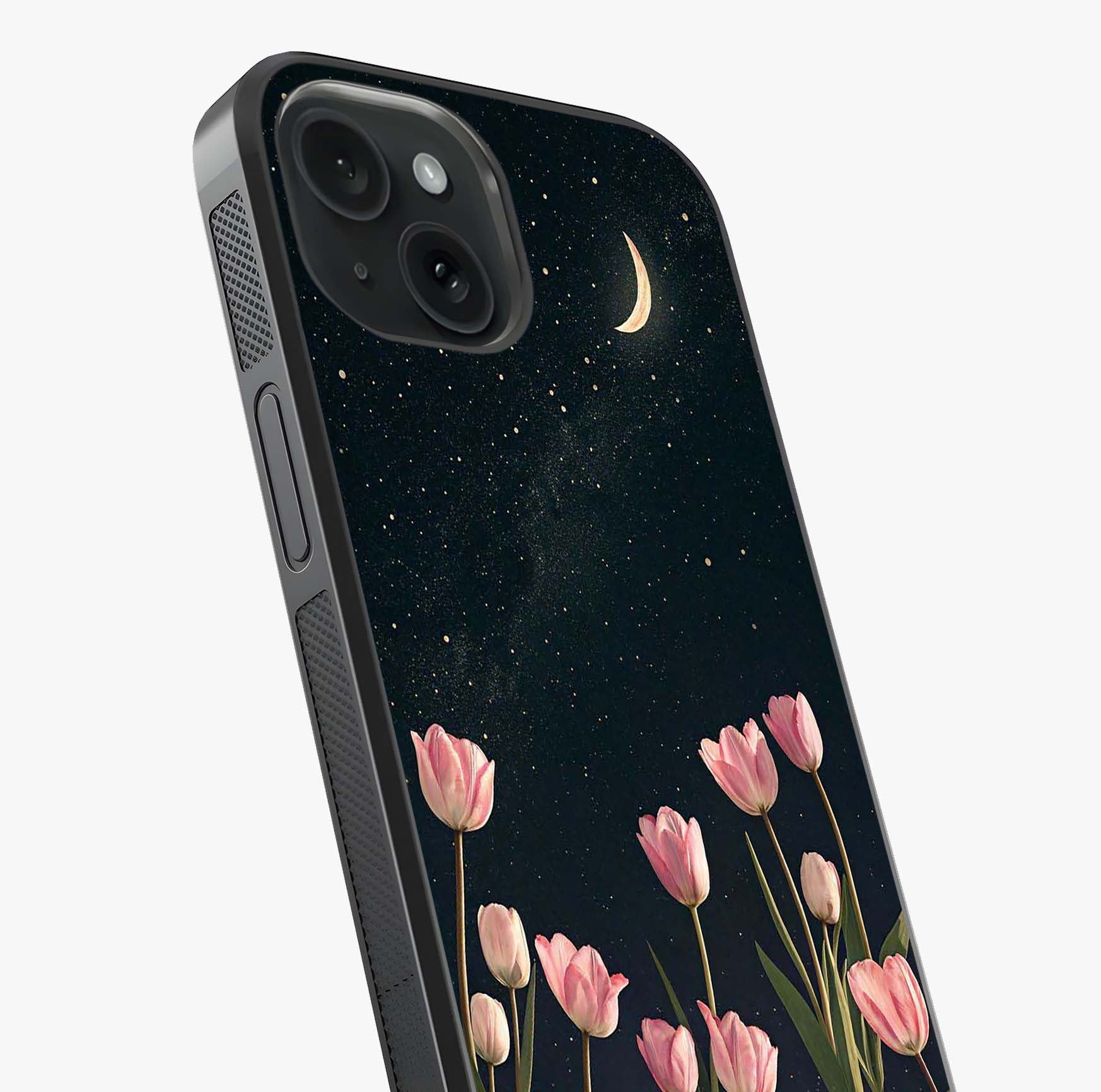 Midnight Tulip Whispers Vibe Glass Case captured at a warm angle highlighting gloss, texture and premium glass finish.