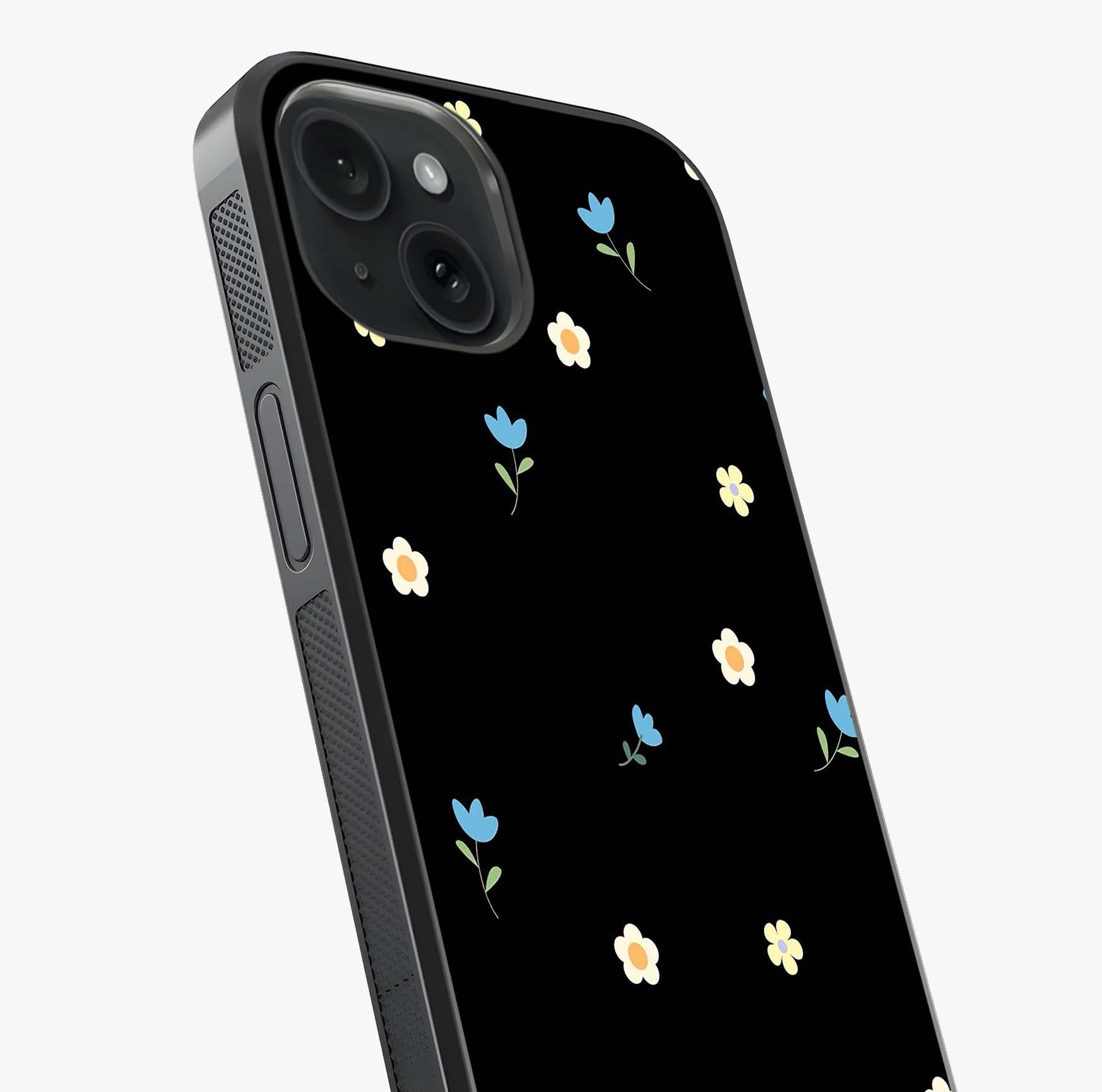 Minimalistic Blue With White Flower Pattern Glass Case captured at a warm angle highlighting gloss, texture and premium glass finish.