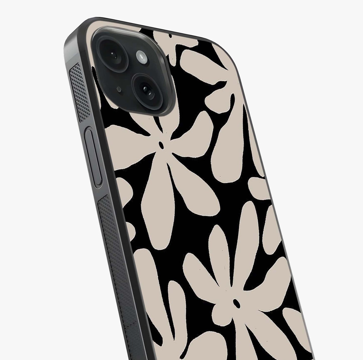 Monochrome Petal Dance Glass Case captured at a warm angle highlighting gloss, texture and premium glass finish.