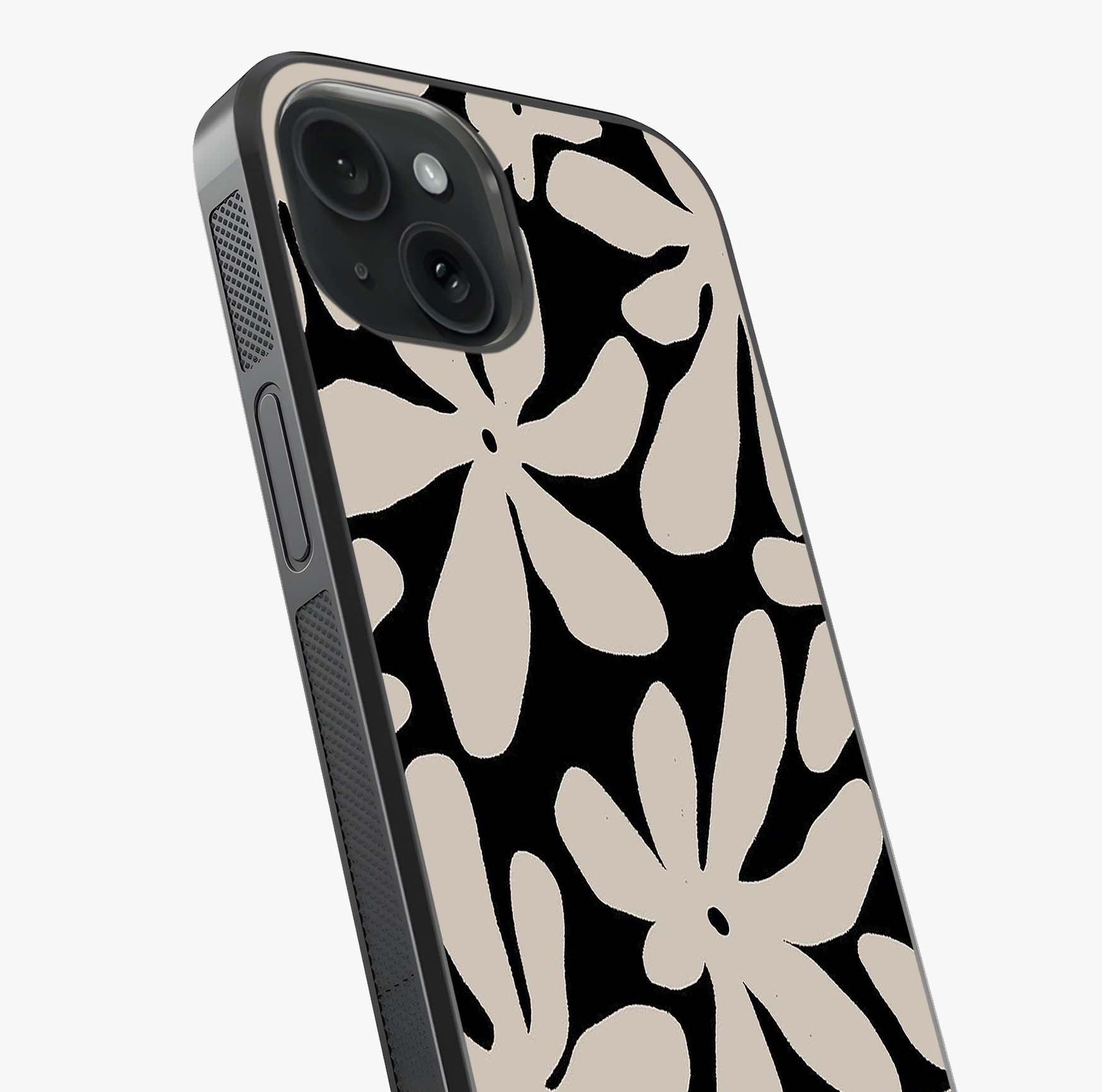 Monochrome Petal Dance Glass Case captured at a warm angle highlighting gloss, texture and premium glass finish.