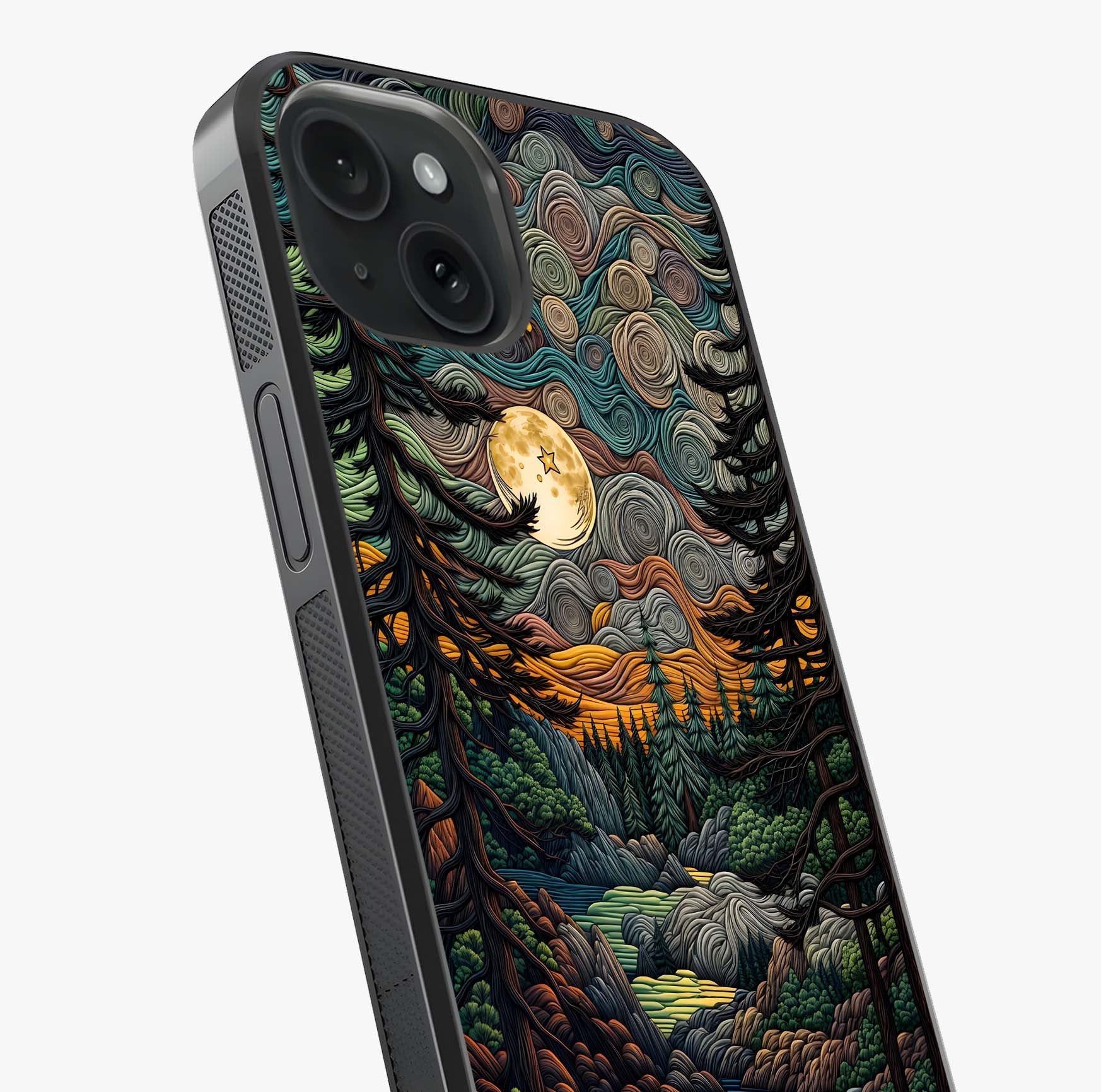 Moonlight Forest Dream Glass Case captured at a warm angle highlighting gloss, texture and premium glass finish.