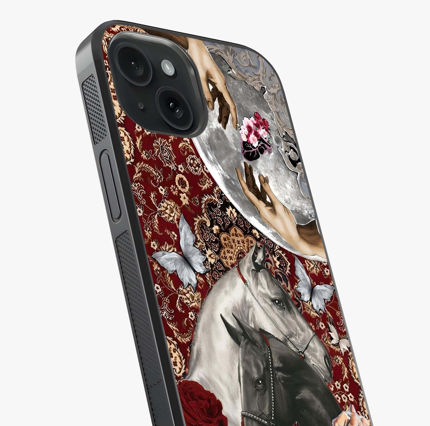 Moonlit Royal Stallion Glass Case captured at a warm angle highlighting gloss, texture and premium glass finish.