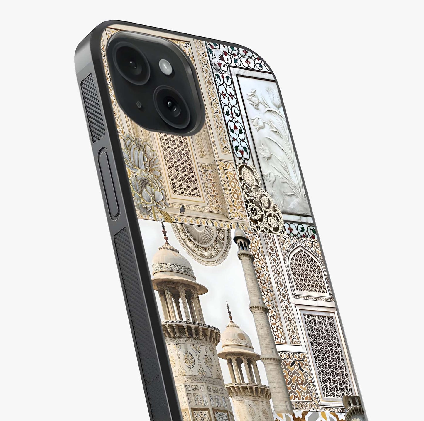 Mughal Marble Legacy Glass Case captured at a warm angle highlighting gloss, texture and premium glass finish.