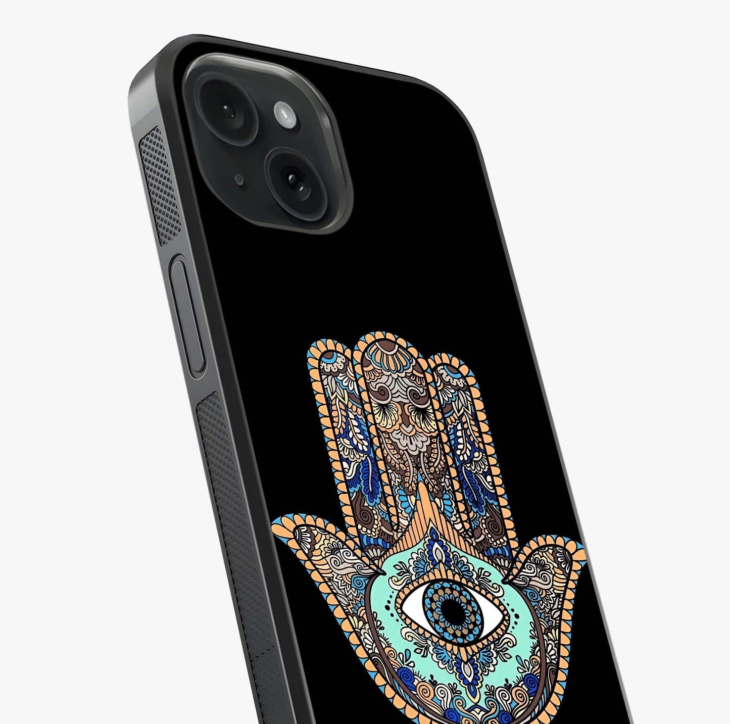 Mystic Hamsa Eye Glass Case captured at a warm angle highlighting gloss, texture and premium glass finish.