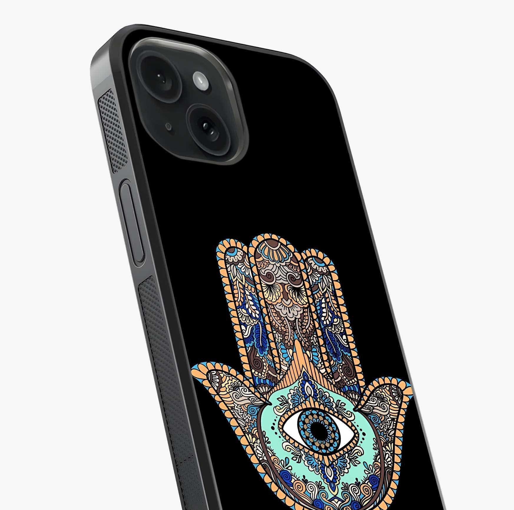 Mystic Hamsa Eye Glass Case captured at a warm angle highlighting gloss, texture and premium glass finish.