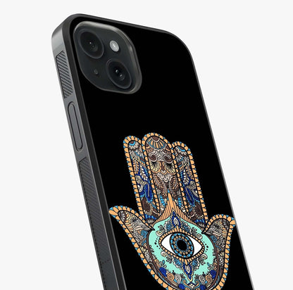 Mystic Hamsa Eye Glass Case captured at a warm angle highlighting gloss, texture and premium glass finish.