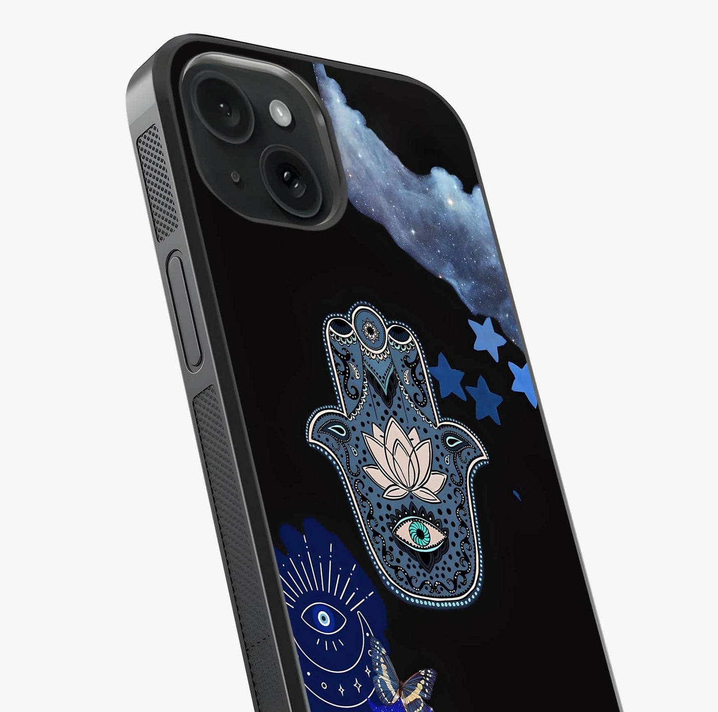 Mystic Hand Aura Glass Case captured at a warm angle highlighting gloss, texture and premium glass finish.