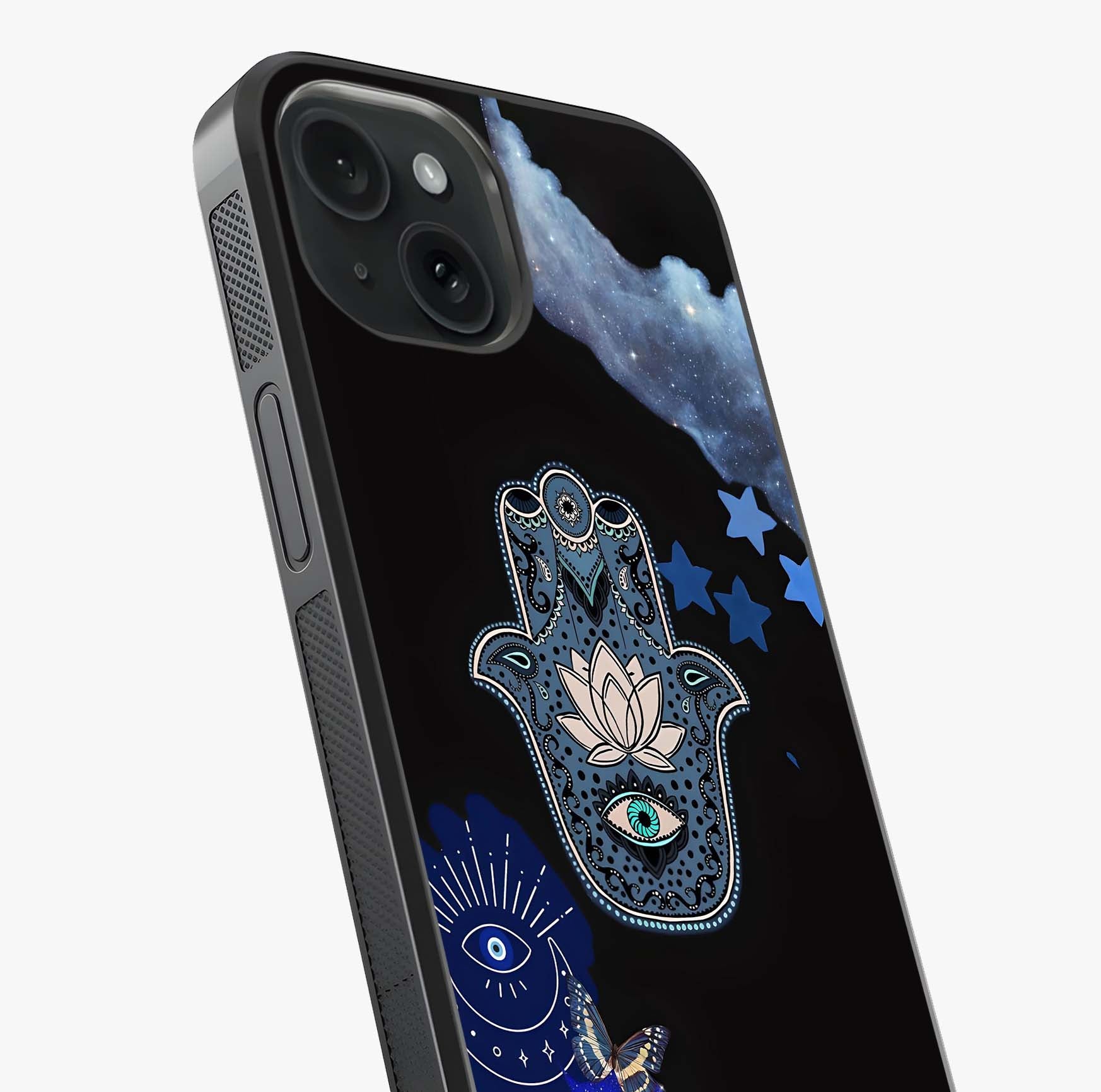 Mystic Hand Aura Glass Case captured at a warm angle highlighting gloss, texture and premium glass finish.