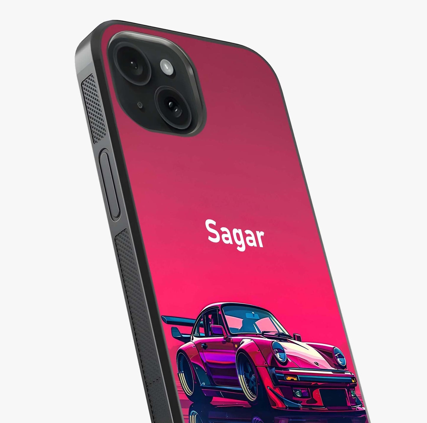 Neon Pink Porsche Glass Case captured at a warm angle highlighting gloss, texture and premium glass finish.