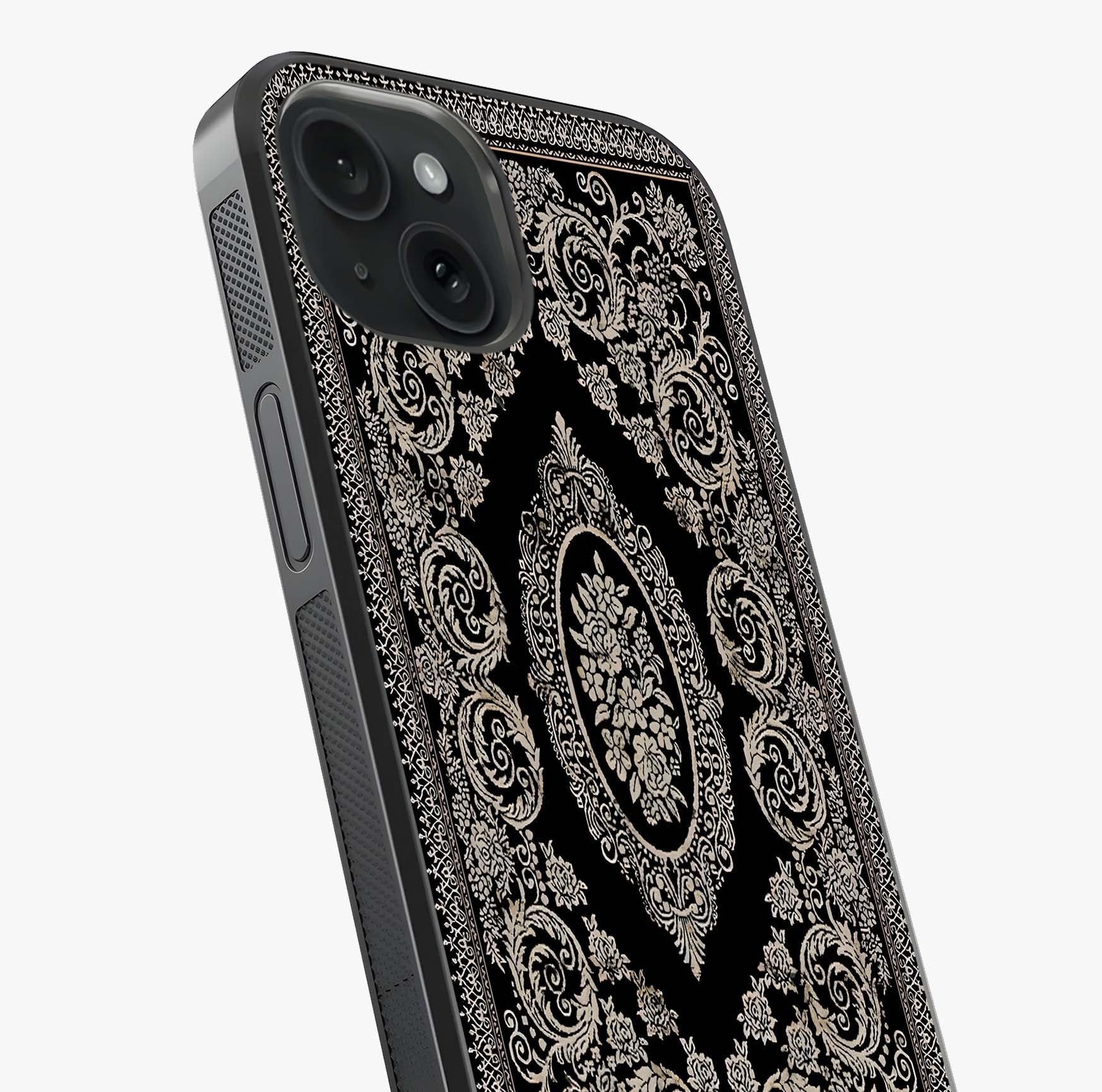 Noir Bloom Elegance Glass Case captured at a warm angle highlighting gloss, texture and premium glass finish.