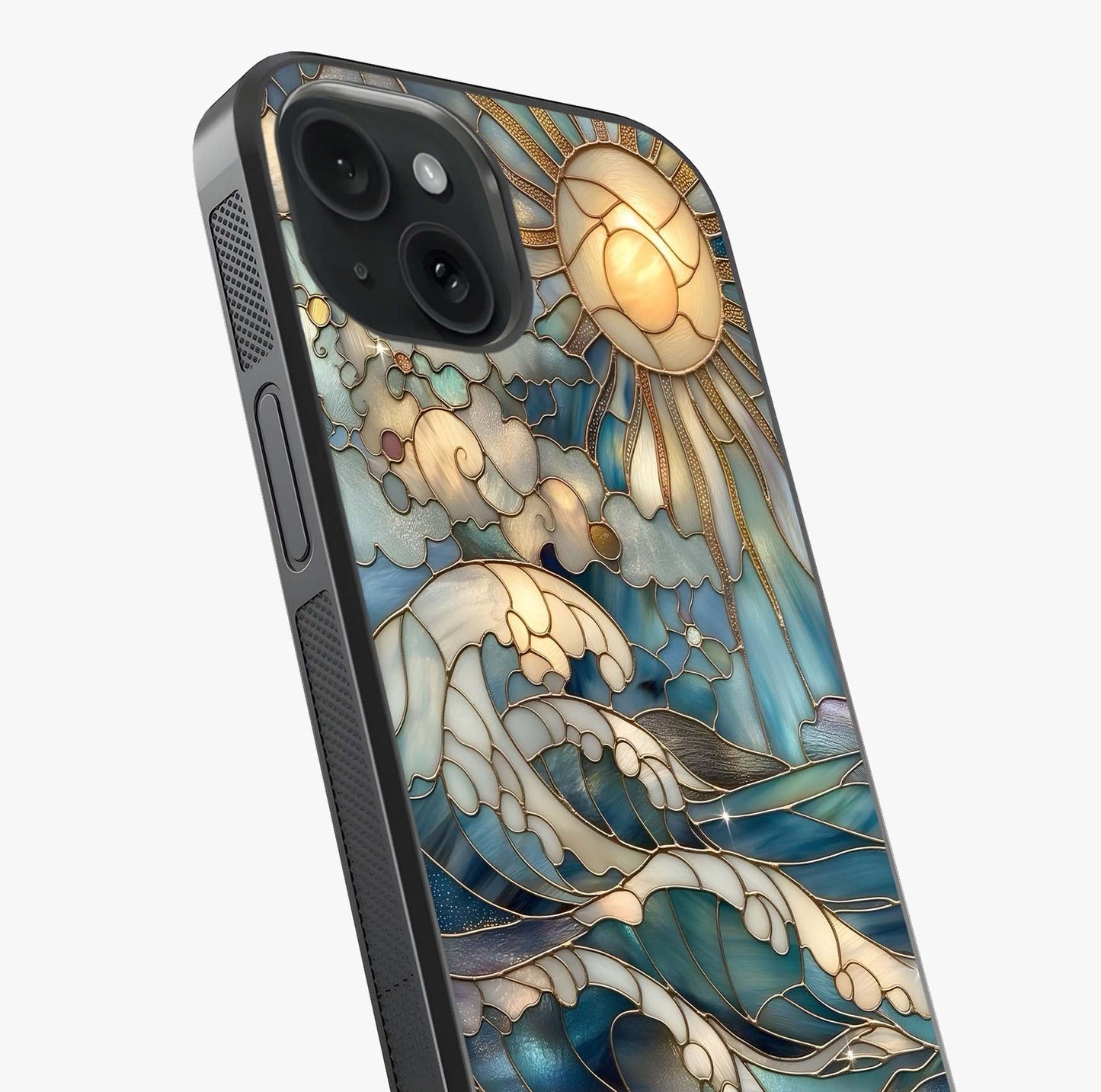 Oceanic Stained Printed Glass Case captured at a warm angle highlighting gloss, texture and premium glass finish.
